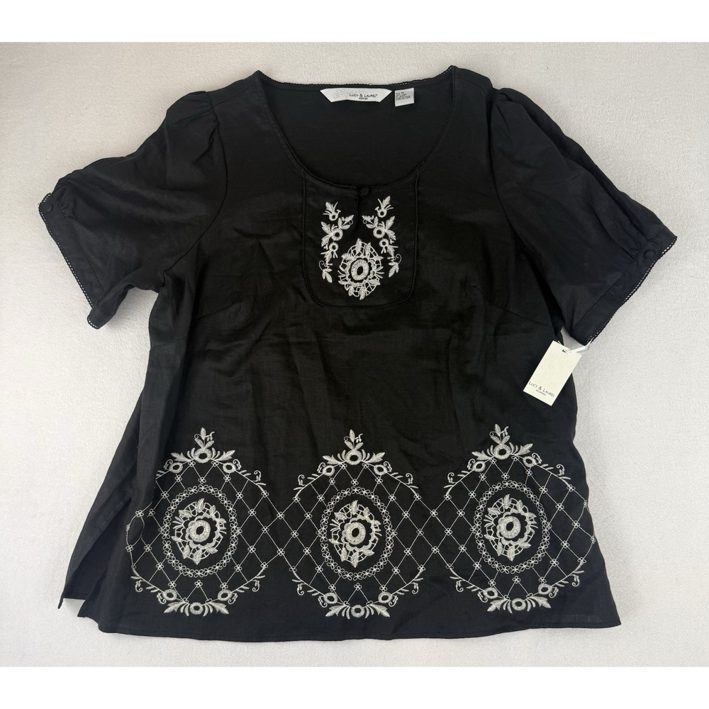 Anthropologie Lucy and Laurel 100% Linen Top 1X Embroidered Black Boho NWT